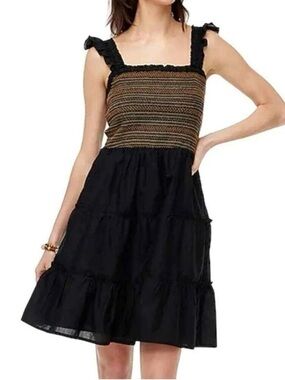 J. Crew Black Tiered Mini Dress with Striped Smocked Bodice